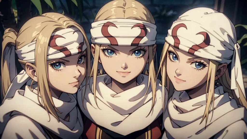 masterpiece best quality blonde、3girls standing、 cowl headband evil smile evil grin standing together hugging