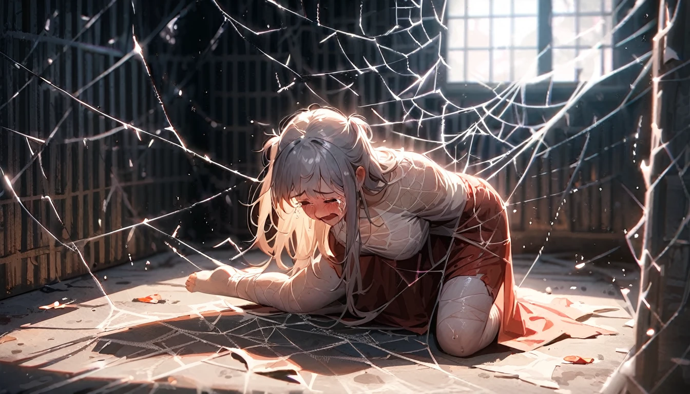 (best quality), (masterpiece), very aesthetic, absurdres, high res, all detailed, realistic, 1girl, (two side up), long hair, silver hair, (red pencil Dress, one side shoulders armor with Cape, red pencil miniskirt), medium cleavage, Gauntlet, boots, [black thigh-highs], [white panties], (injury skin, scar skin, bleeding skin, torn clothes:1.1), Broken Armor, BREAK (spiderweb, cobweb restrained, spider web covering the room, tangled strands of the web:1.2), zettai ryouiki, kneeling, (closed eyes), cry, tears, sigh, blush, sweat, (prison), cinematic lighting, diffraction spikes, 
High resolution、high resolution、White skin、White underwear、Can be attached to the wall、Her arms are hanging from a rope and spread apart、Her legs are tied with rope and spread apart、Obese、Chubby、Big Breasts、Thick thighs、Big Ass