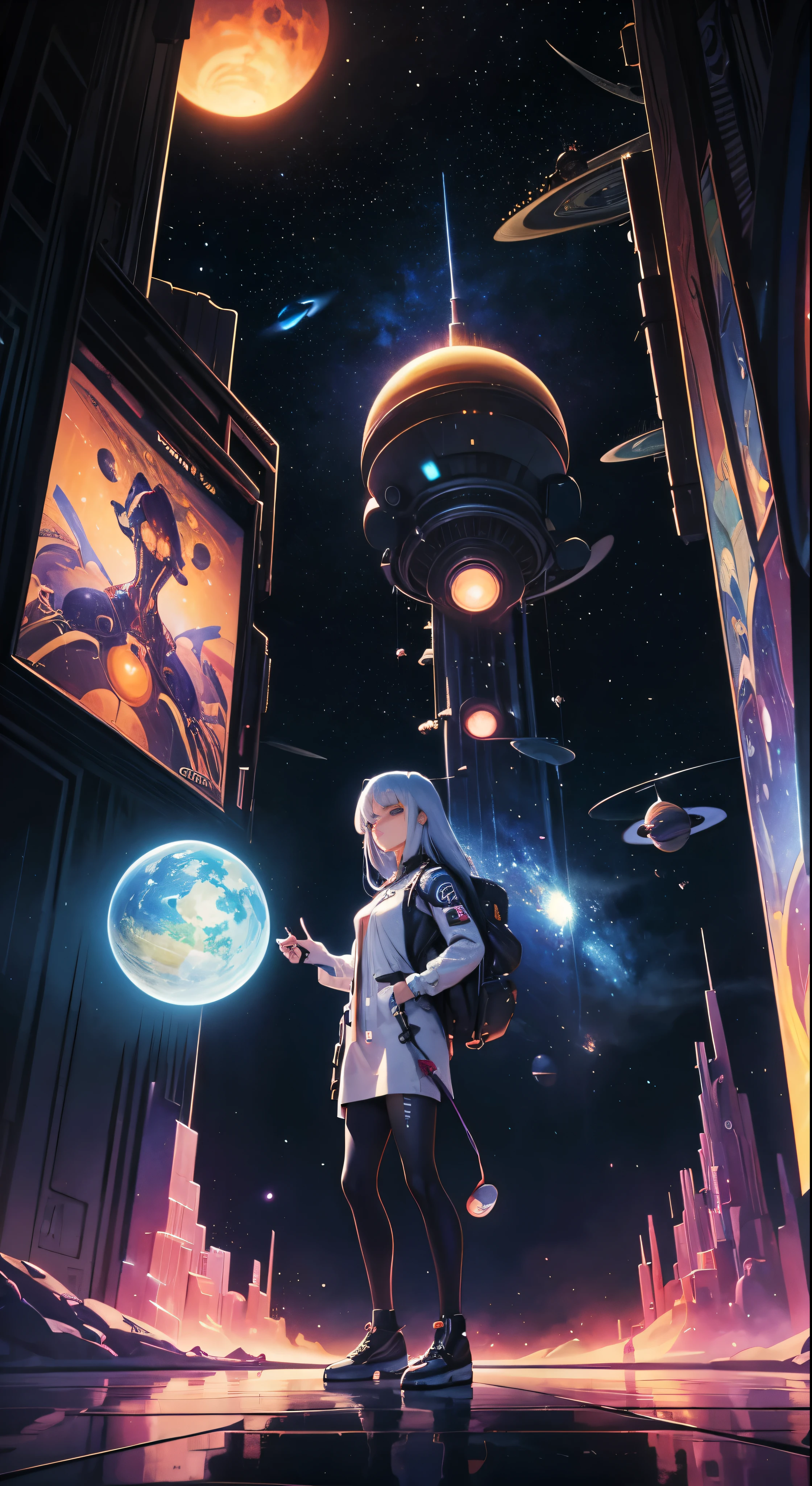 Woman standing in front of a painting of planets、Futuristic city in the background、Psytrance artwork、Interconnected Life Forms、Panoramic view of a girl、progressive rock album covers、Endless Dream、Stardust、Galaxy、Stoner Lock – AR 16:9 - In the 5th.1