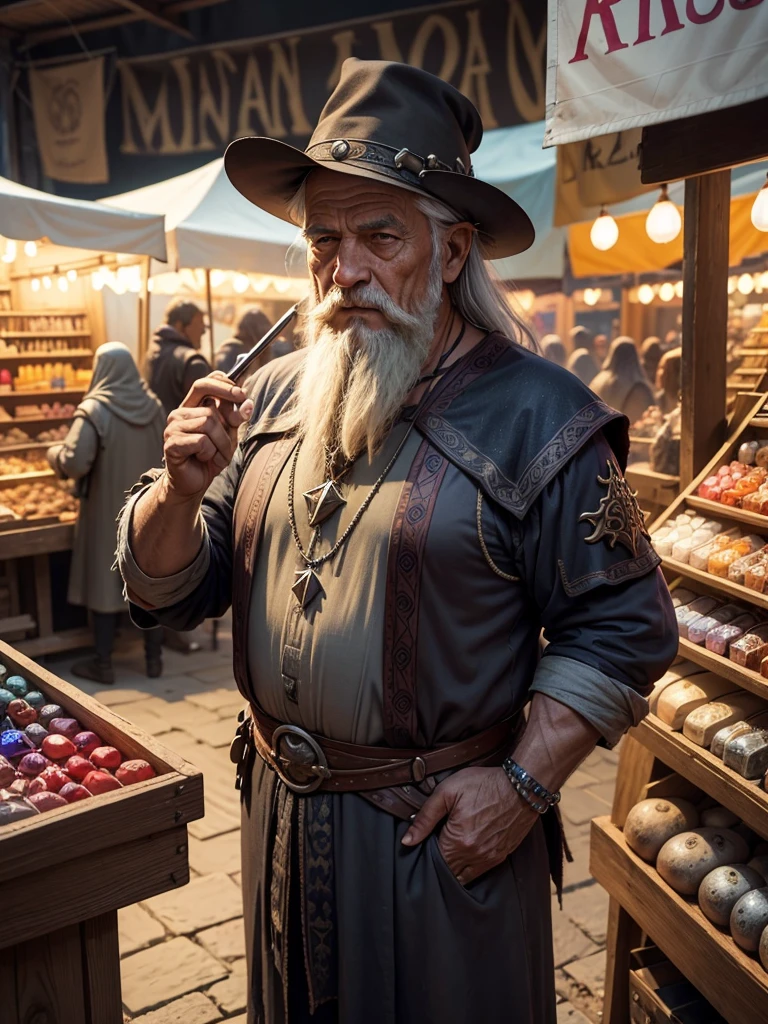 An old man selling magical stones with runes engraved on them at a street market in a medieval fantasy world, tents set up along the street, many people, algumas vestem armors, others wear simple clothes, some wear noble attire, some people are tall and strong, some people are fat. swords, armors, potions, jewelly, gem stones, objetos mágicos e potions estavam sendo vendidos no mercado.