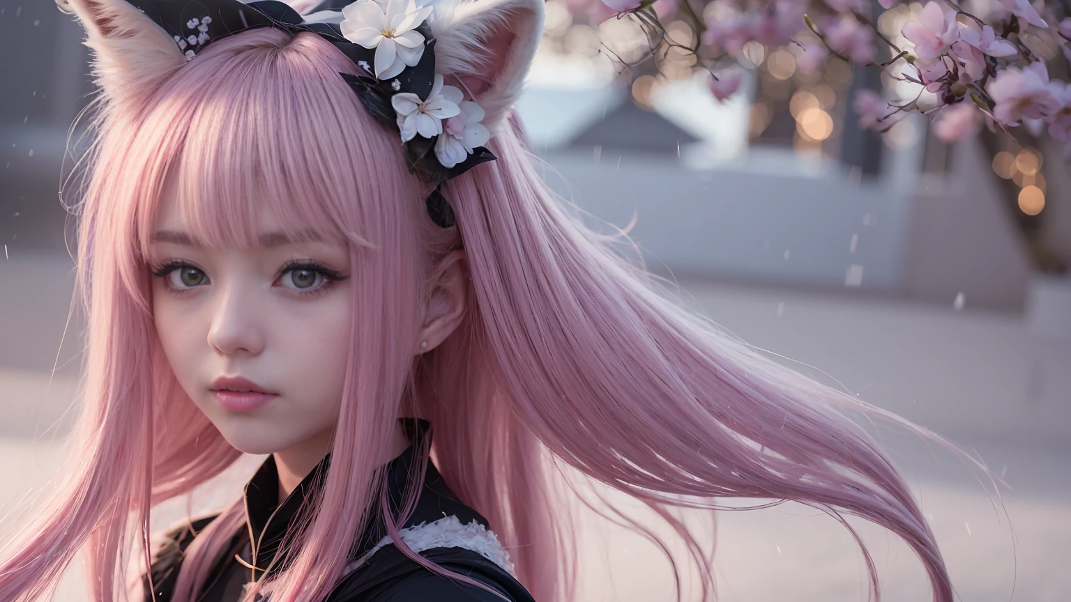 Nine snow-white fox tails (1.0), milky fox tail (1.0), fox close-up of nine tails, nine-tails, nine-tails, anime girl with pink hair and pink dress with flowers on her hair, very beautiful anime fox girl, beautiful anime fox girl, beautiful fantasy anime, guweiz, anime girl with fox ears, beautiful anime girl, very beautiful and cute fox girl, pink flower rain, background blur, anime style 4 K, anime fantasy artwork, 4k anime wallpaper, Artwork in the Guvez style