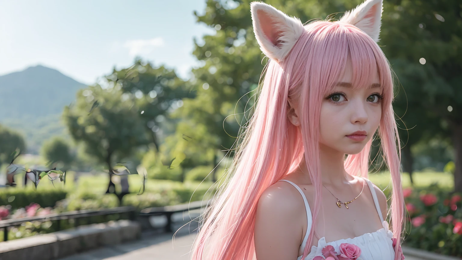 Nine snow-white fox tails (1.0), milky fox tail (1.0), fox close-up of nine tails, nine-tails, nine-tails, anime girl with pink hair and pink dress with flowers on her hair, very beautiful anime fox girl, beautiful anime fox girl, beautiful fantasy anime, guweiz, anime girl with fox ears, beautiful anime girl, very beautiful and cute fox girl, pink flower rain, background blur, anime style 4 K, anime fantasy artwork, 4k anime wallpaper, Artwork in the Guvez style