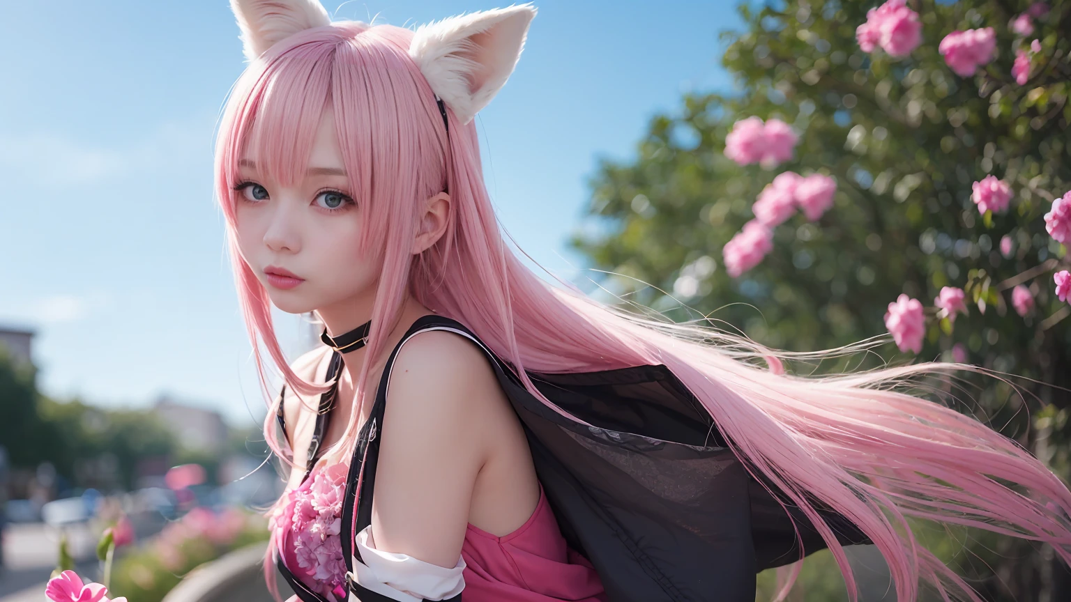 Nine snow-white fox tails (1.0), milky fox tail (1.0), fox close-up of nine tails, nine-tails, nine-tails, anime girl with pink hair and pink dress with flowers on her hair, very beautiful anime fox girl, beautiful anime fox girl, beautiful fantasy anime, guweiz, anime girl with fox ears, beautiful anime girl, very beautiful and cute fox girl, pink flower rain, background blur, anime style 4 K, anime fantasy artwork, 4k anime wallpaper, Artwork in the Guvez style