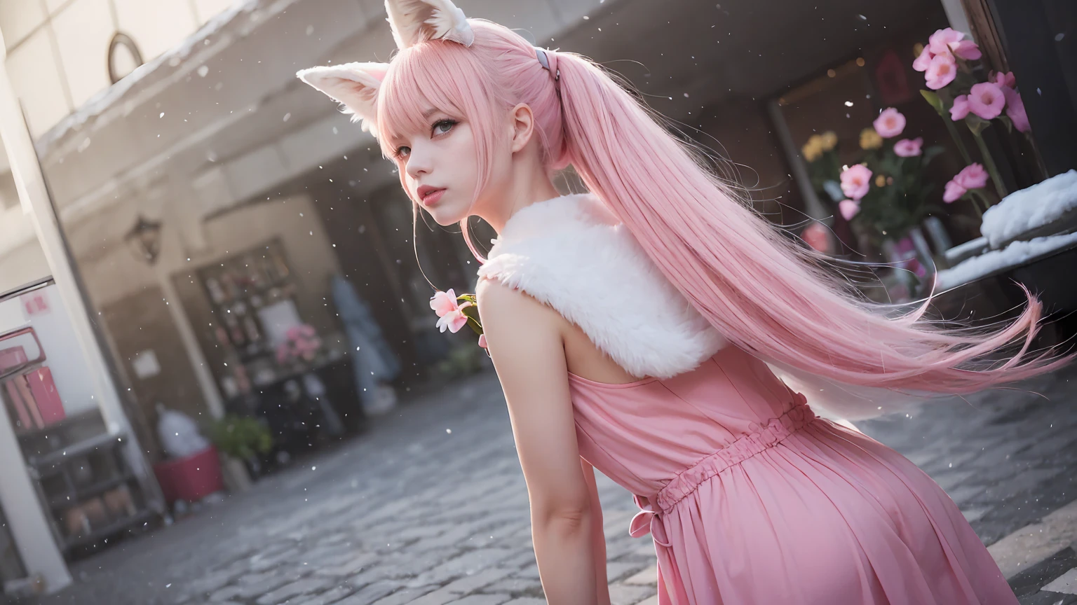 Nine snow-white fox tails (1.0), milky fox tail (1.0), fox close-up of nine tails, nine-tails, nine-tails, anime girl with pink hair and pink dress with flowers on her hair, very beautiful anime fox girl, beautiful anime fox girl, beautiful fantasy anime, guweiz, anime girl with fox ears, beautiful anime girl, very beautiful and cute fox girl, pink flower rain, background blur, anime style 4 K, anime fantasy artwork, 4k anime wallpaper, Artwork in the Guvez style