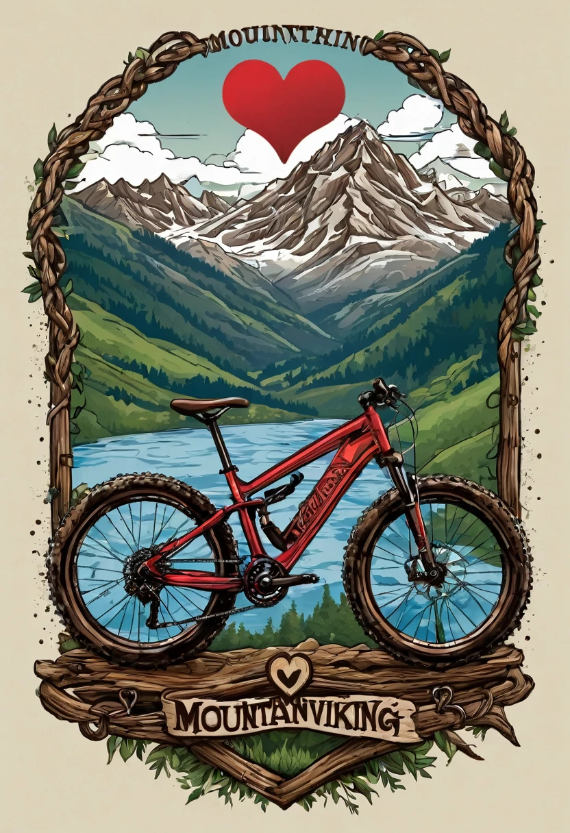 T-shirt design, logo design with a heart-shaped chain, mountain bike, text logo:MOUNTAINVIKING, with mountains in the background, by Meredith Dillman, wood, beautiful, immaculately detailed, profile picture, by Joe Bowler