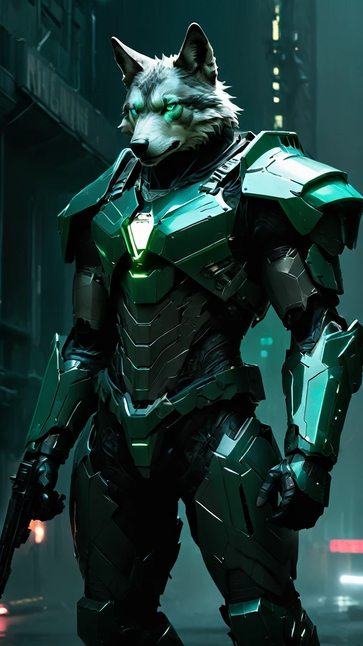 a wolf in the dark, mecha, sci-fi armor, matte black angular armor, Blade Runner 2049, emerald green style,