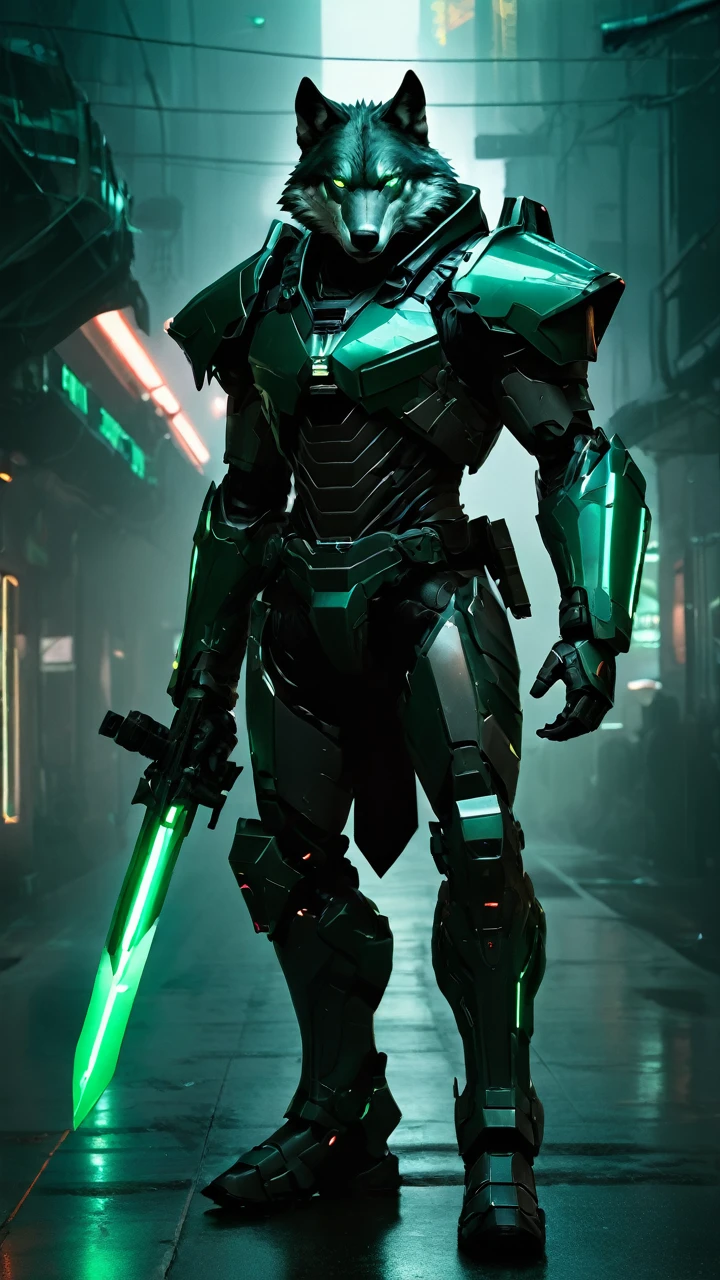 a wolf in the dark, mecha, sci-fi armor, matte black angular armor, Blade Runner 2049, emerald green style,