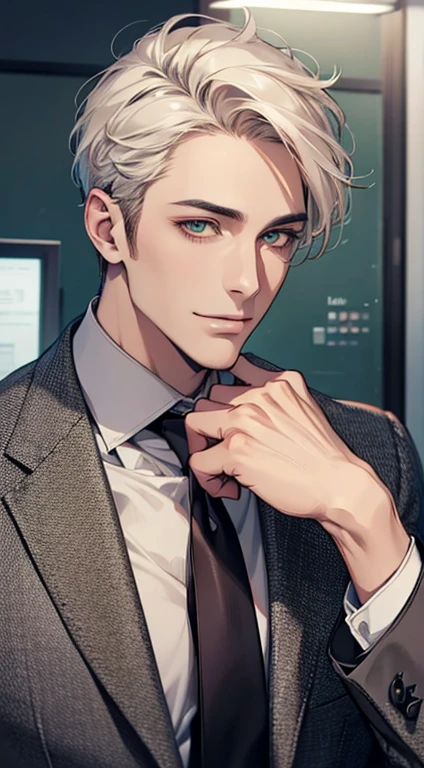 (Highest quality,4K,8K,High resolution,masterpiece:1.2),Super detailed,(Realistic,photoRealistic,photo-Realistic:1.37),1 person,34 years old,Mature Men,Beautiful skin、very handsome,Expressionless smile in love,Short white hair,green eyes,Sharp Eyes,A perfect face without a doubt,Businessman, CEO, Office Background,Cinema Lighting,HDR image,tie、