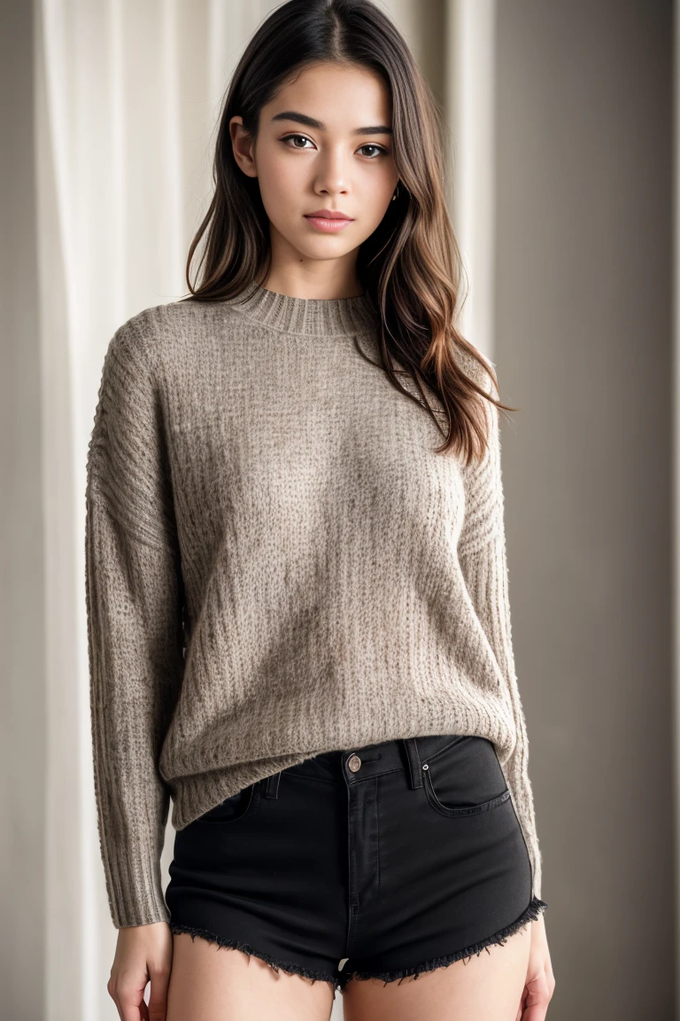 beautiful detailed young woman, 18 years old, black short sleeve sweater, visible legs, (best quality,4k,8k,highres,masterpiece:1.2),ultra-detailed,(realistic,photorealistic,photo-realistic:1.37),elegant,graceful,natural light,soft lighting,warm colors,detailed facial features,long eyelashes,full lips,glowing skin,portrait,fashion photography