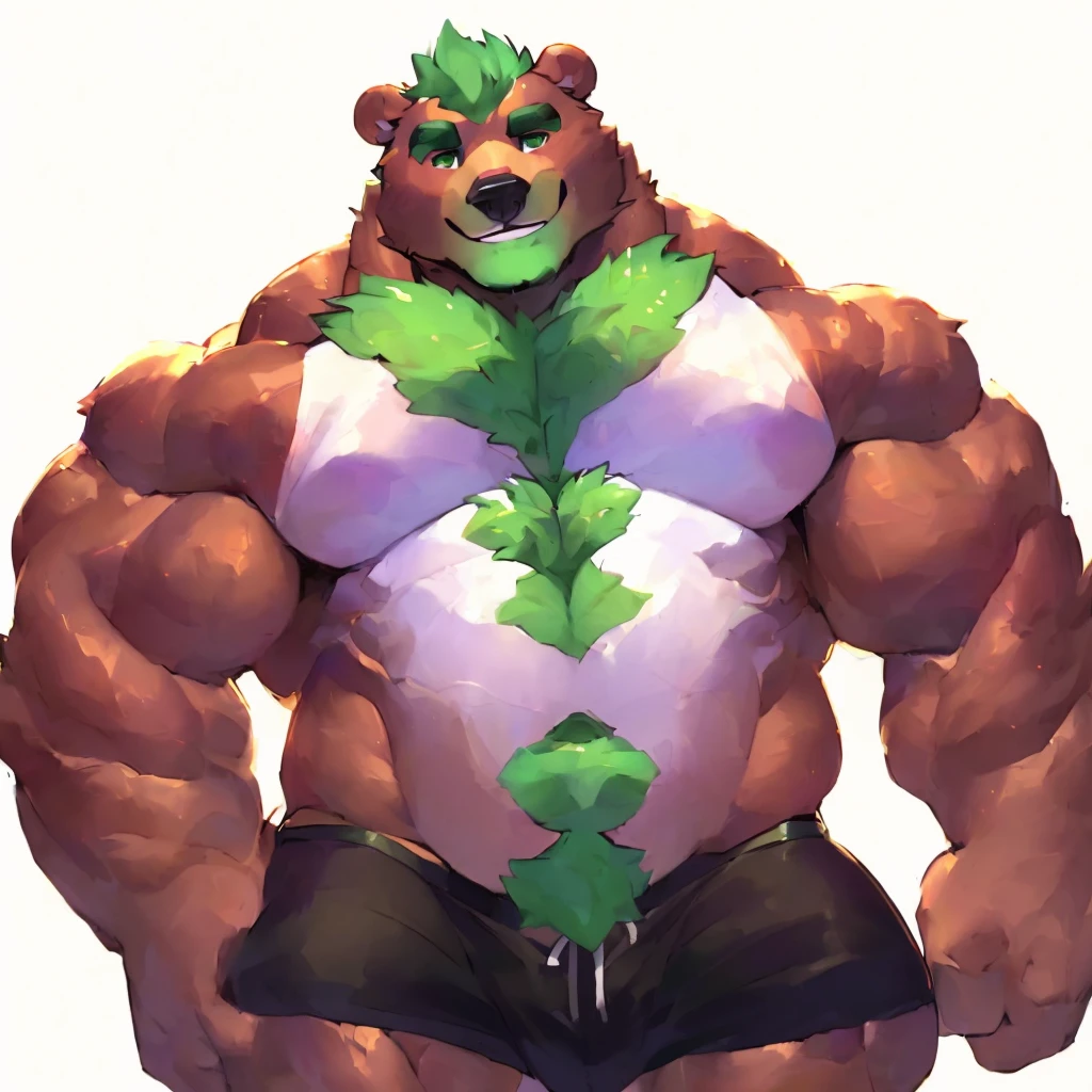 a giant, sexy, caramel brown colored fur and hyper muscular, cute grizzly bear, green hair, green eyes, closed smile, bara body daddy bear, himbo body, dressed with black boxers, high quality furry art.