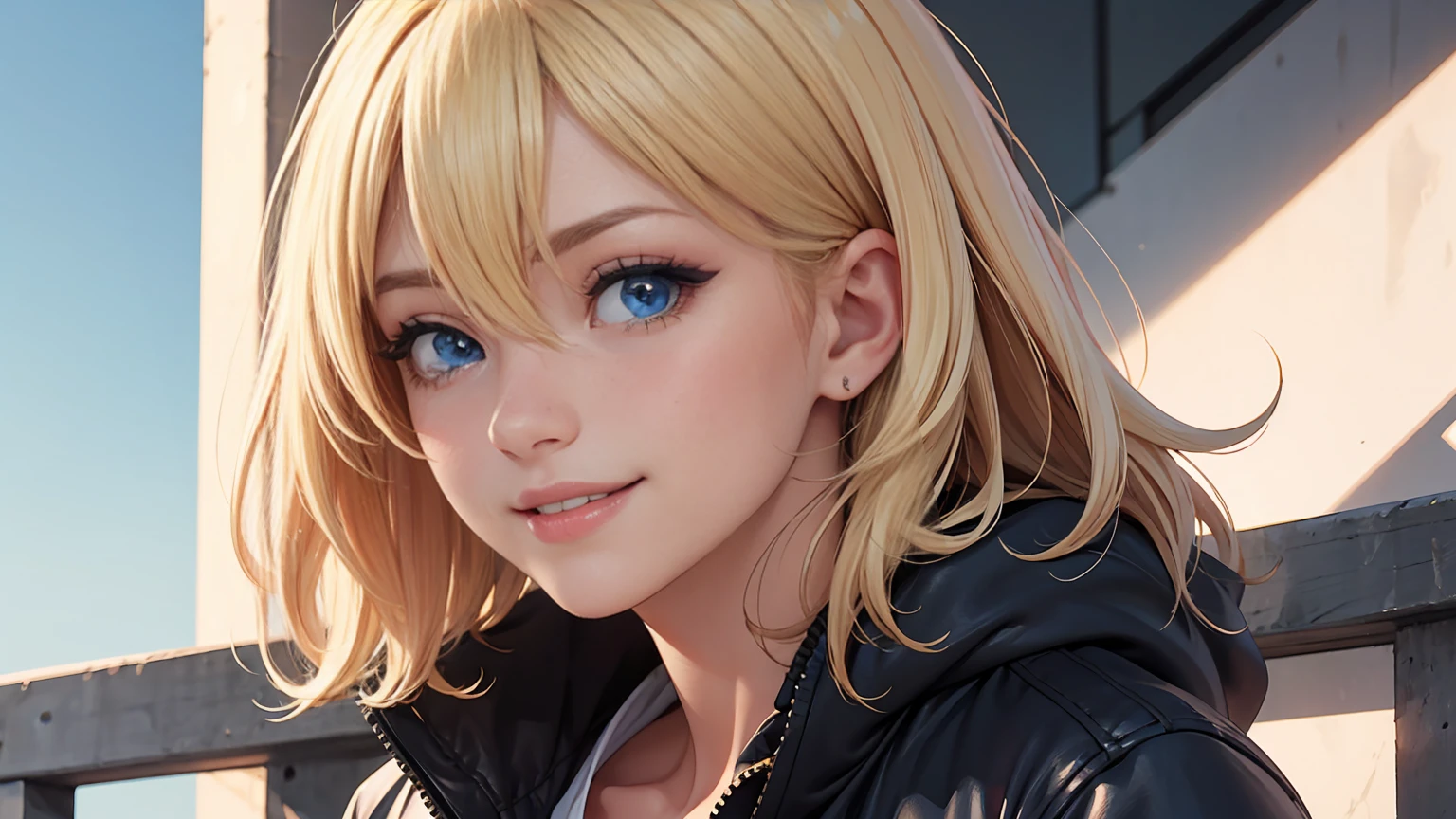 ChristiaAOT, 1girl, solo, christa renz, smile, hair between eyes, Blue eyes, blonde hair, jacket, medium hair,