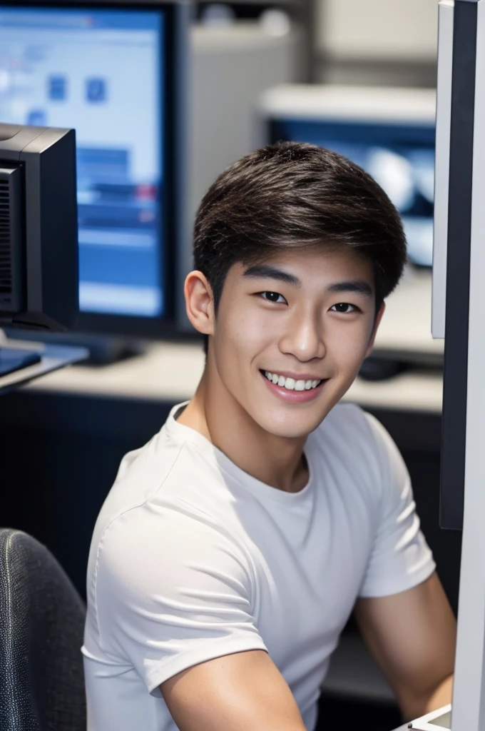 ((realistic daylight)) , Young Korean man in only a black sports shirt, no stripes, and jeans., A handsome, muscular young Asian man looks at the camera. , In a computer shop ,turn sideways, smile