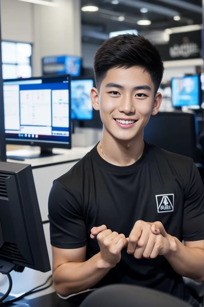 ((realistic daylight)) , Young Korean man in only a black sports shirt, no stripes, and jeans., A handsome, muscular young Asian man looks at the camera.  , In a computer shop ,turn sideways, smile