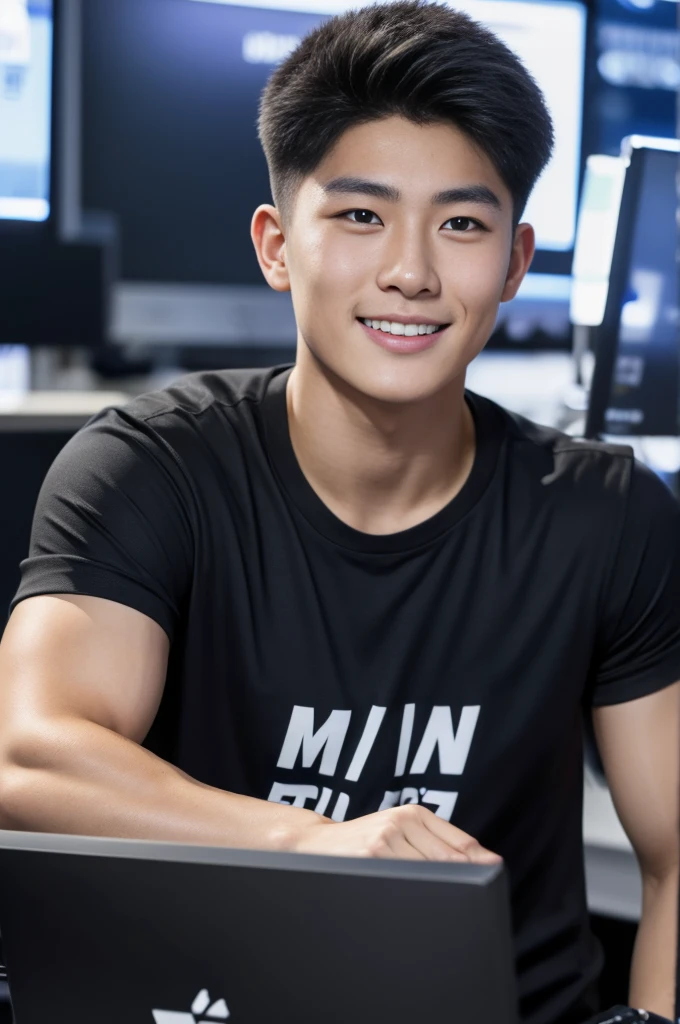 ((realistic daylight)) , Young Korean man in only a black sports shirt, no stripes, and jeans., A handsome, muscular young Asian man looks at the camera. , In a computer shop ,turn sideways, smile
