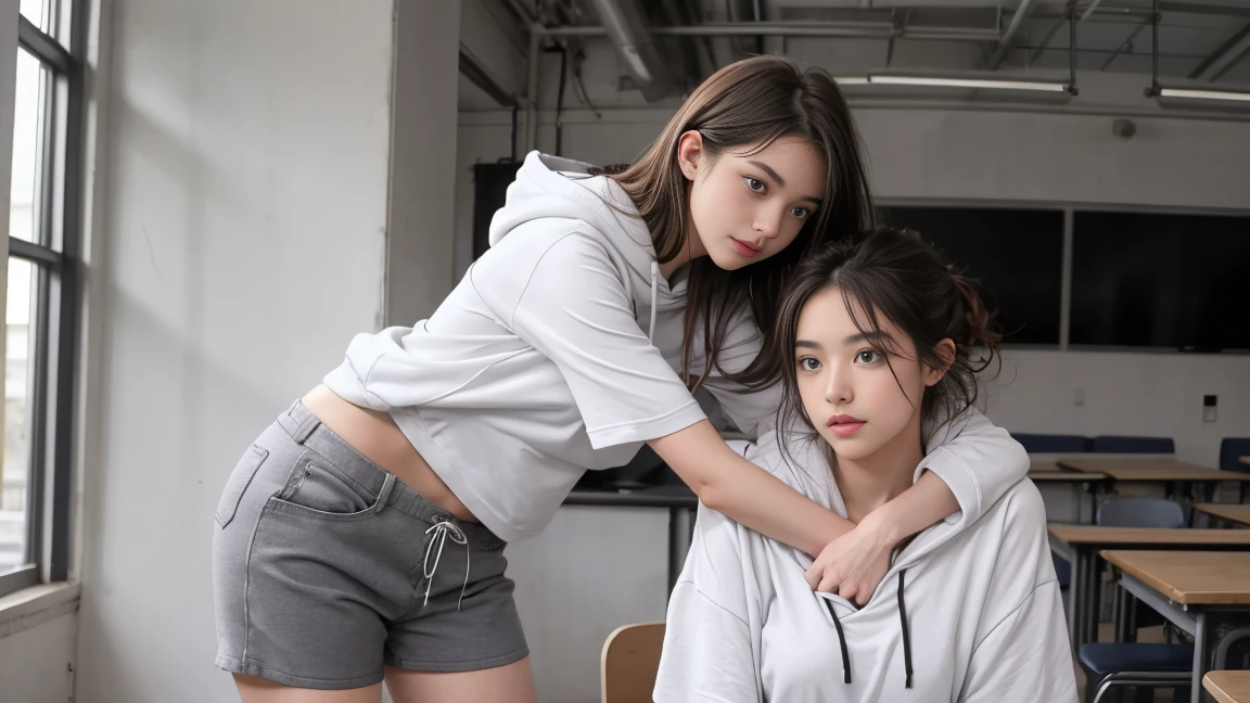 deux femmes ensemble de 18 ans sexy et mince , gray short sleeve hoodie , salle de classe, se touche,position sey,sensuel