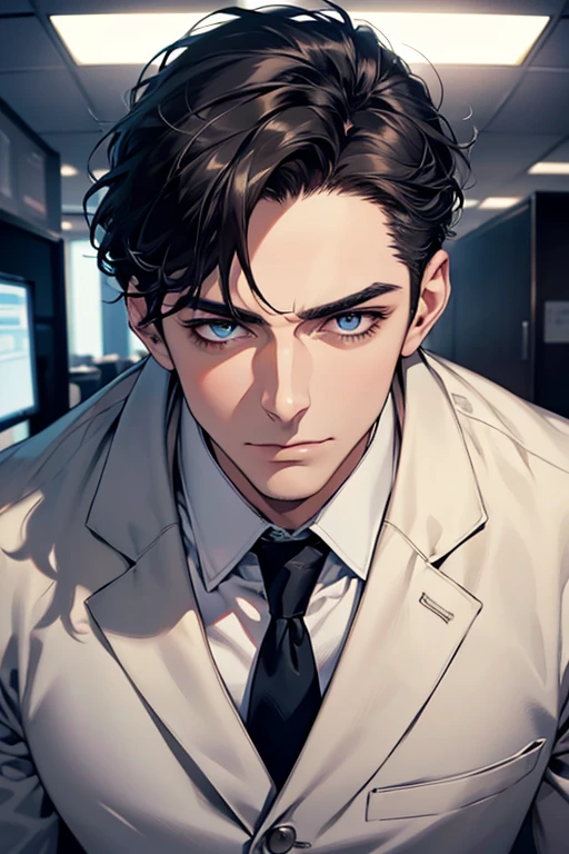 (Best Quality,4k,8k,high resolution,Masterpiece:1.2),ultra detailed,(realist,photorealist,photo-realist:1.37),1 man,31 years,mature man,very handsome,without expresion,muscled body,short gray black hair,Blue eyes,glare,perfect face without mistakes,imposing posture,businessman,office background,cinematic lighting,imagen HDR