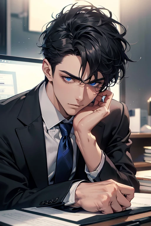(Best Quality,4k,8k,high resolution,Masterpiece:1.2),ultra detailed,(realist,photorealist,photo-realist:1.37),1 man,31 years,mature man,very handsome,without expresion,muscled body,short gray black hair,Blue eyes,glare,perfect face without mistakes,imposing posture,businessman,office background,cinematic lighting,imagen HDR