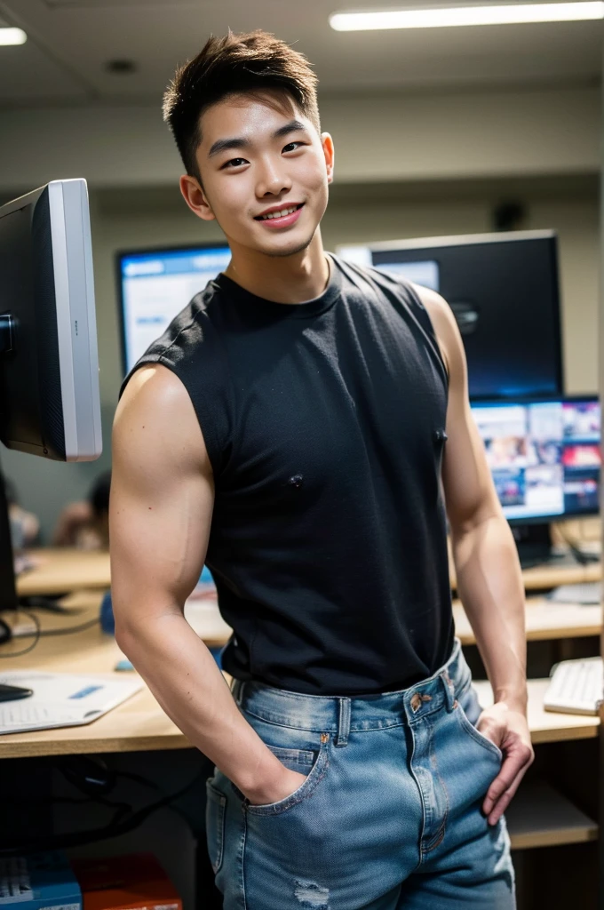 ((realistic daylight)) , Young Korean man in a black sports shirt only, no stripes. ,Jeans, A handsome, muscular young Asian man looks at the camera. , In a computer shop ,turn sideways, smile