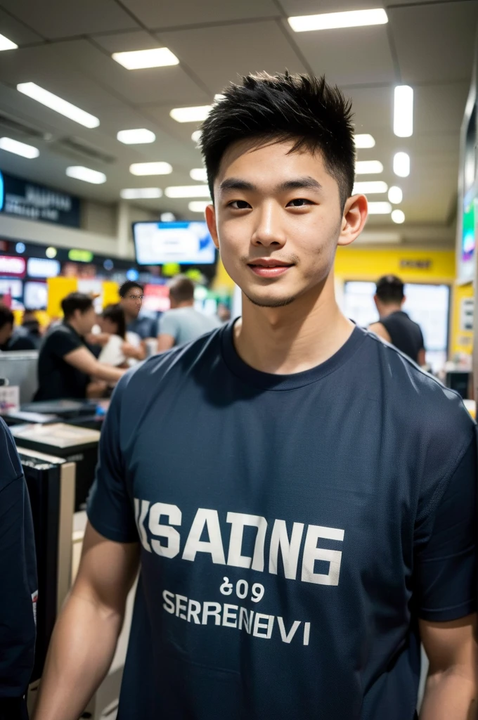 ((realistic daylight)) , Young Korean man in a black sports shirt only, no stripes. ,Jeans, A handsome, muscular young Asian man looks at the camera.  , In a computer shop ,turn sideways, smile