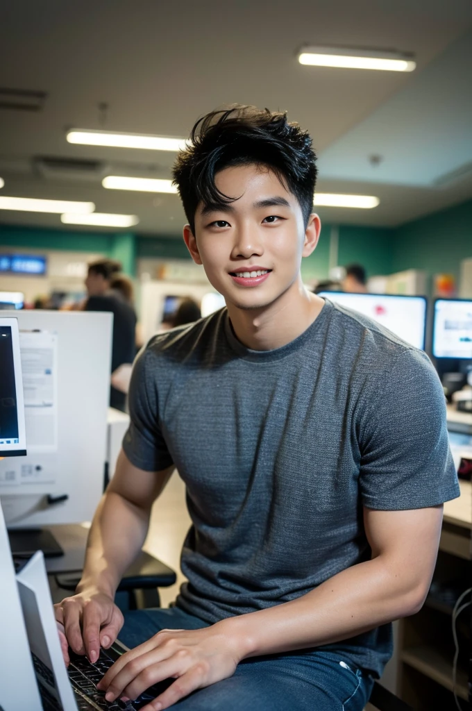 ((realistic daylight)) , Young Korean man in only a polo shirt, no stripes, and jeans., A handsome, muscular young Asian man looks at the camera.  , in the restaurant ,turn sideways, smile