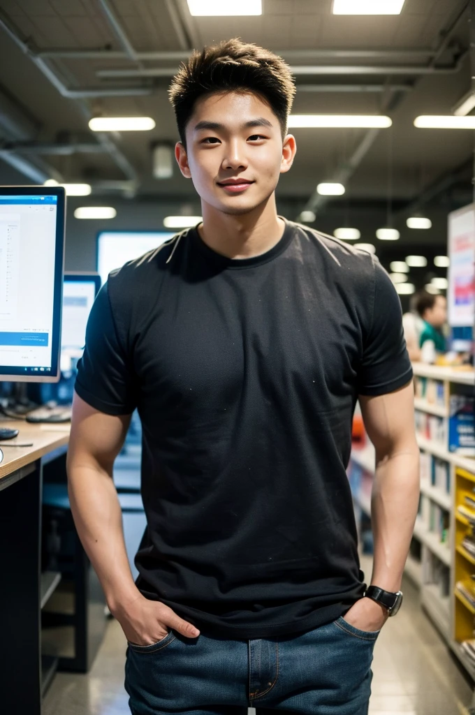 ((realistic daylight)) , Young Korean man in a black sports shirt only, no stripes. ,Jeans, A handsome, muscular young Asian man looks at the camera.  , In a computer shop ,turn sideways, smile