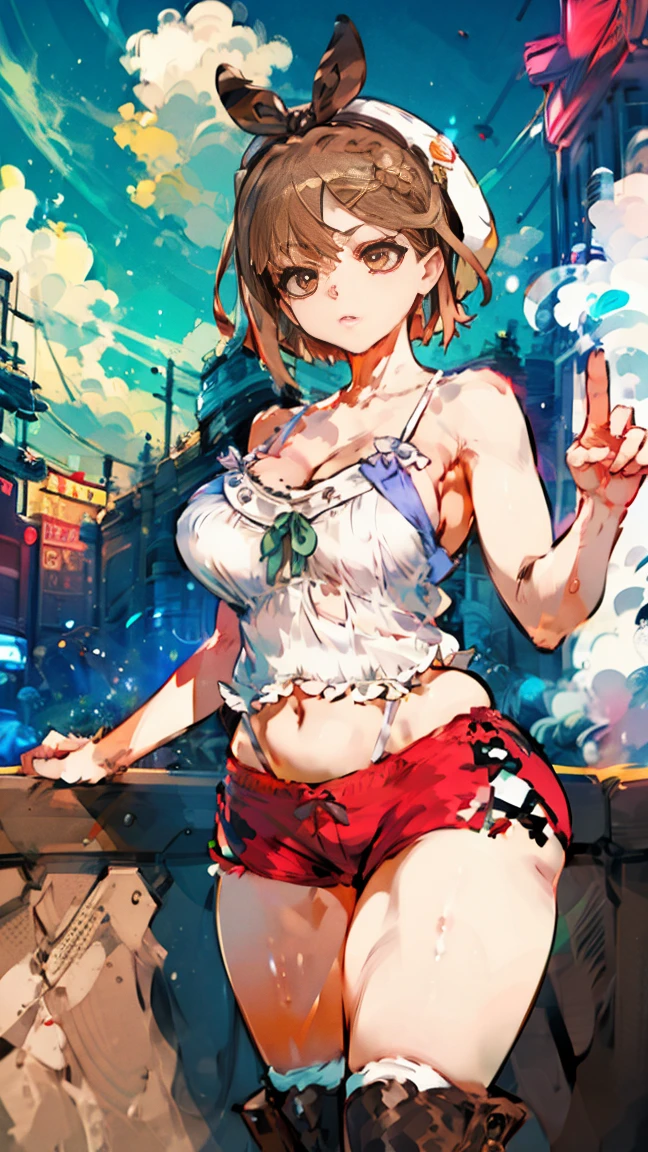 (Highest quality, 8k, masterpiece :1.3),Lizaリン・シュタウト(Lizaのアトリエ),Liza, One woman,Large Breasts,short hair,Brown Hair,hair band,Clothing,hat,White shirt,White camisole,Red shorts,Brown long boots,nsfw,Plump body,Thighs,Full Nelson Pose,Armlock,