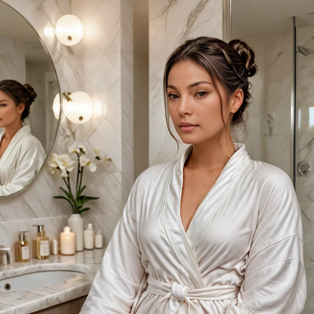 anikaxxx, a beautiful woman with flawless skin, in a serene and elegant bathroom setting. She is wearing a comfortable, stylish robe, with her hair tied back in a neat bun. anikaxxx is gently applying a high-quality facial cream to her face, her expression calm and focused. The bathroom features marble countertops, a large mirror, and soft, natural lighting that highlights her radiant skin. Emphasize clear, healthy skin, a serene atmosphere, and a sense of self-care and relaxation.