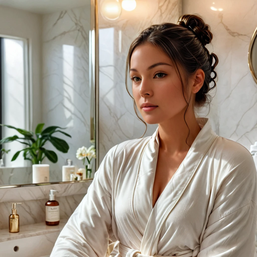 anikaxxx, a beautiful woman with flawless skin, in a serene and elegant bathroom setting. She is wearing a comfortable, stylish robe, with her hair tied back in a neat bun. anikaxxx is gently applying a high-quality facial cream to her face, her expression calm and focused. The bathroom features marble countertops, a large mirror, and soft, natural lighting that highlights her radiant skin. Emphasize clear, healthy skin, a serene atmosphere, and a sense of self-care and relaxation.