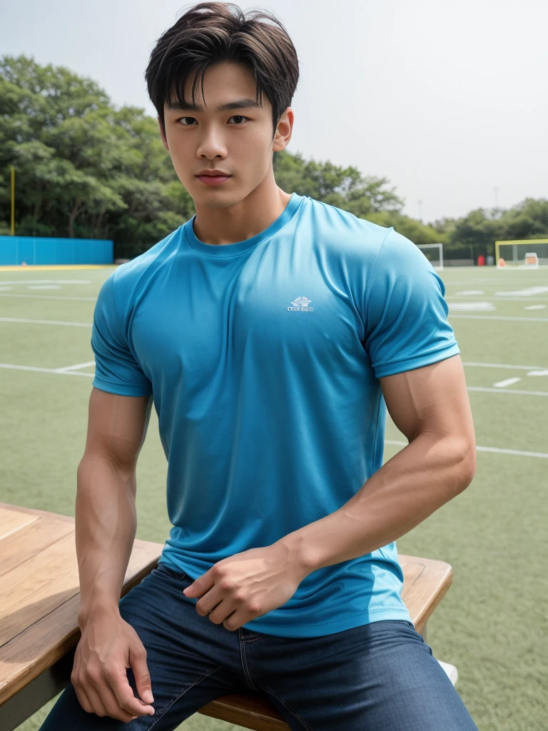 独奏: 1.5, (As a matter of fact, Masterpiece, 8k HD, good light quality, sportswear, fit the face, complicated details), A handsome, muscular young Korean man sits at a table, with muscular arms. , 20 years old, be happy, detailed face, delicate eyes, look at the sky, Wear a tight blue t-shirt.:1.6 , jeans period, black eyes, Black hair color, ผมsmooth, smooth，Surreal，Superb details，Highest quality，real，Open your mouth to talk. , Close your eyes., (standing in the football field:1.1)