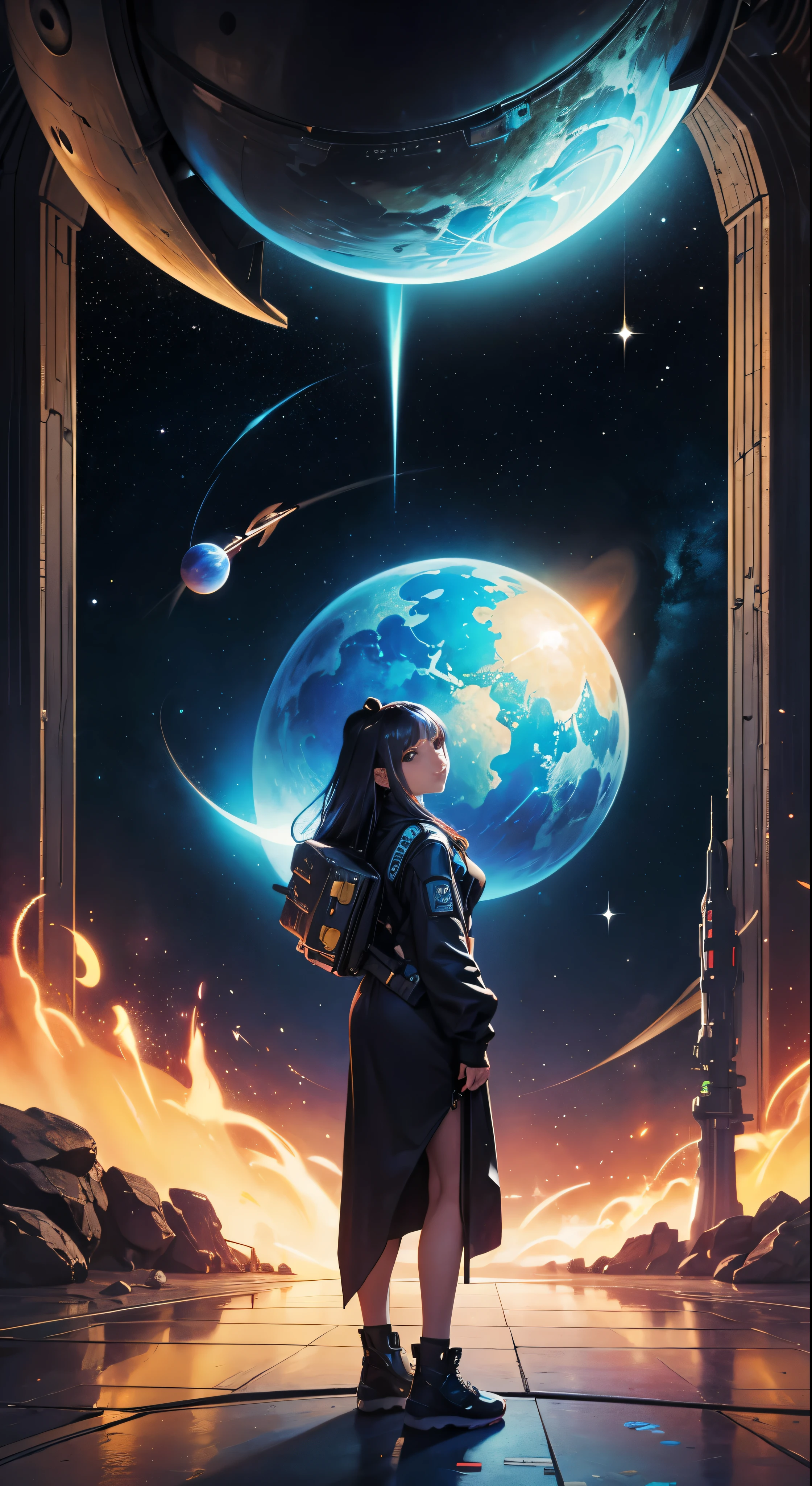 Woman standing in front of a painting of planets、Futuristic city in the background、Psytrance artwork、Interconnected Life Forms、Panoramic view of a girl、progressive rock album covers、Endless Dream、Stardust、Galaxy、Stoner Lock – AR 16:9 - In the 5th.1