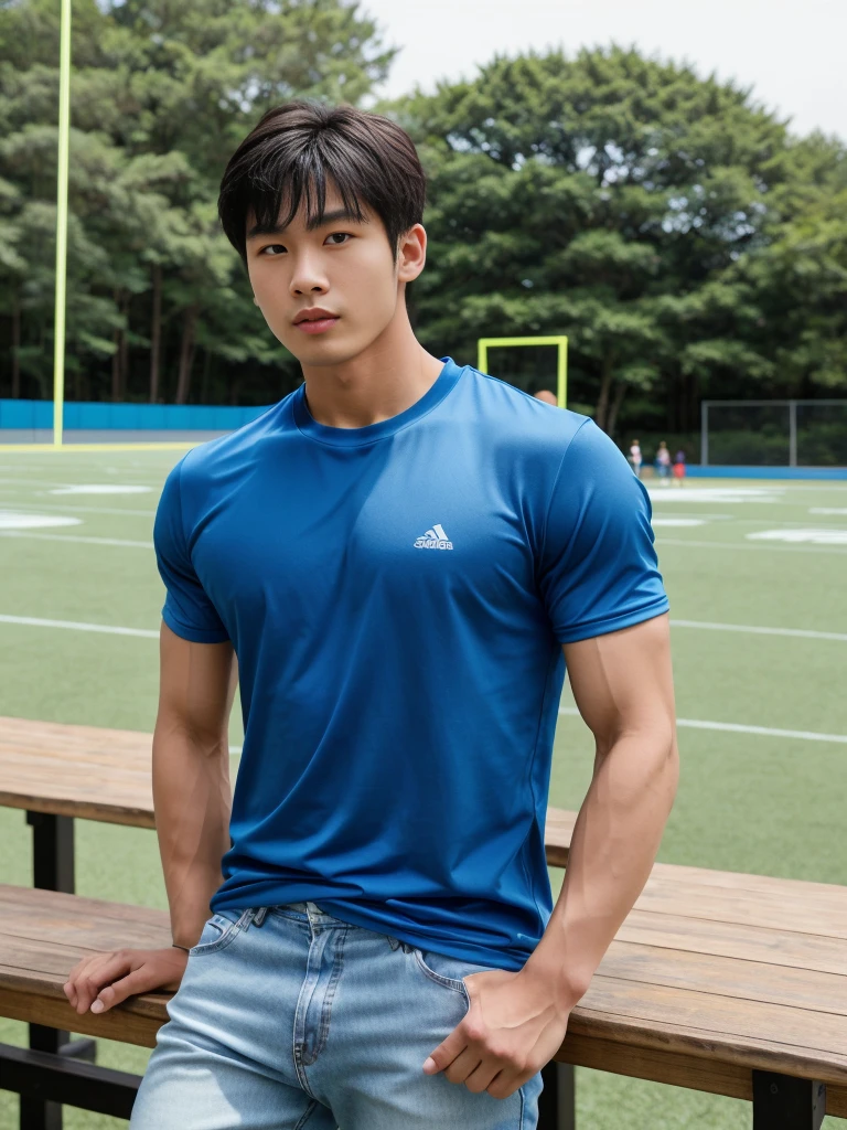 独奏: 1.5, (As a matter of fact, Masterpiece, 8k HD, good light quality, sportswear, fit the face, complicated details), A handsome, muscular young Korean man sits at a table, with muscular arms. , 20 years old, be happy, detailed face, delicate eyes, look at the sky, Wear a tight blue t-shirt.:1.6 , jeans period, black eyes, Black hair color, ผมsmooth, smooth,Surreal,Superb details,Highest quality,real,Open your mouth to talk. , Close your eyes., (standing in the football field:1.1)