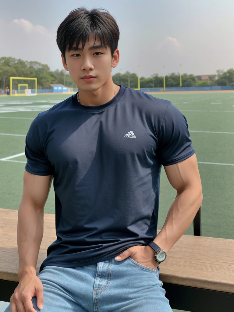 独奏: 1.5, (As a matter of fact, Masterpiece, 8k HD, good light quality, sportswear, fit the face, complicated details), A handsome, muscular young Korean man sits at a table, with muscular arms. , 20 years old, be happy, detailed face, delicate eyes, look at the sky, Wear a tight blue t-shirt.:1.6 , jeans period, black eyes, Black hair color, ผมsmooth, smooth，Surreal，Superb details，Highest quality，real，Open your mouth to talk. , Close your eyes., (standing in the football field:1.1)