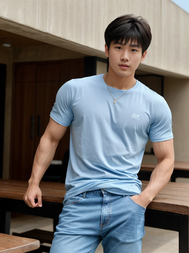 独奏: 1.5, (As a matter of fact, Masterpiece, 8k HD, good light quality, sportswear, fit the face, complicated details), A handsome, muscular young Korean man sits at a table, with muscular arms. , 20 years old, be happy, detailed face, delicate eyes, look at the sky, Wear a tight blue t-shirt.:1.6 , jeans period, black eyes, Black hair color, ผมsmooth, smooth,Surreal,Superb details,Highest quality,real,Open your mouth to talk. , Close your eyes., (standing in the football field:1.1)