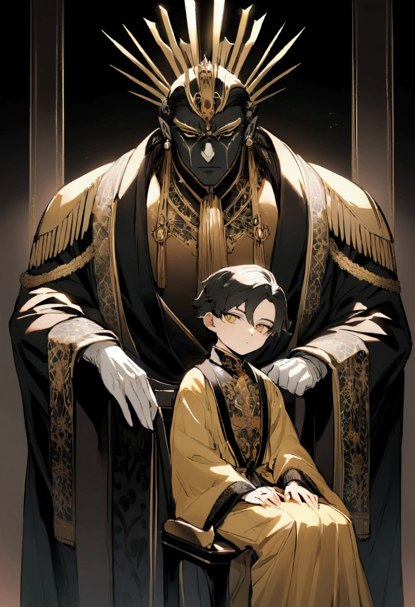 The Emperor was very young, teenager with a cold and intimidating gaze, very handsome and charming, height 165 and weight 67 with an elegant black and golden shirt, Sit upright with authority and a cold gaze