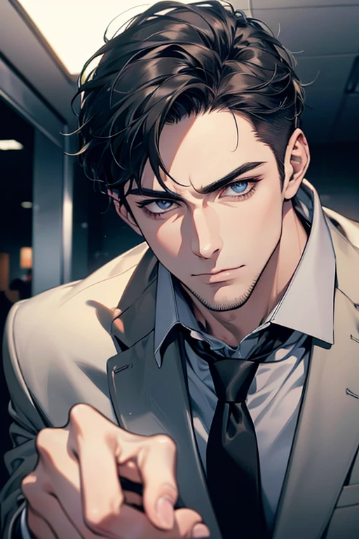 (Best Quality,4k,8k,high resolution,Masterpiece:1.2),ultra detailed,(realist,photorealist,photo-realist:1.37),1 man,31 years,mature man,very handsome,without expresion,muscled body,short gray black hair,Blue eyes,glare,perfect face without mistakes,imposing posture,businessman,office background,cinematic lighting,imagen HDR