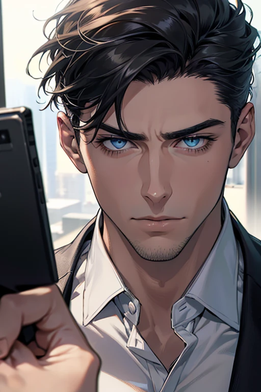 (Best Quality,4k,8k,high resolution,Masterpiece:1.2),ultra detailed,(realist,photorealist,photo-realist:1.37),1 man,31 years,mature man,very handsome,without expresion,muscled body,short gray black hair,Blue eyes,glare,perfect face without mistakes,imposing posture,businessman,office background,cinematic lighting,imagen HDR