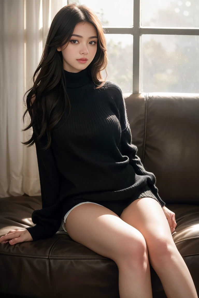 beautiful detailed young woman, 18 years old, black short sleeve sweater, visible legs, (best quality,4k,8k,highres,masterpiece:1.2),ultra-detailed,(realistic,photorealistic,photo-realistic:1.37),elegant,graceful,natural light,soft lighting,warm colors,detailed facial features,long eyelashes,full lips,glowing skin,portrait,fashion photography