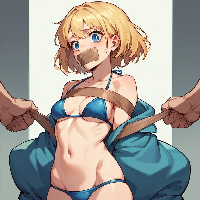 Anime girl blue eyes gold hair small bikini suit tape tied hands behindback and tape gagged boundage