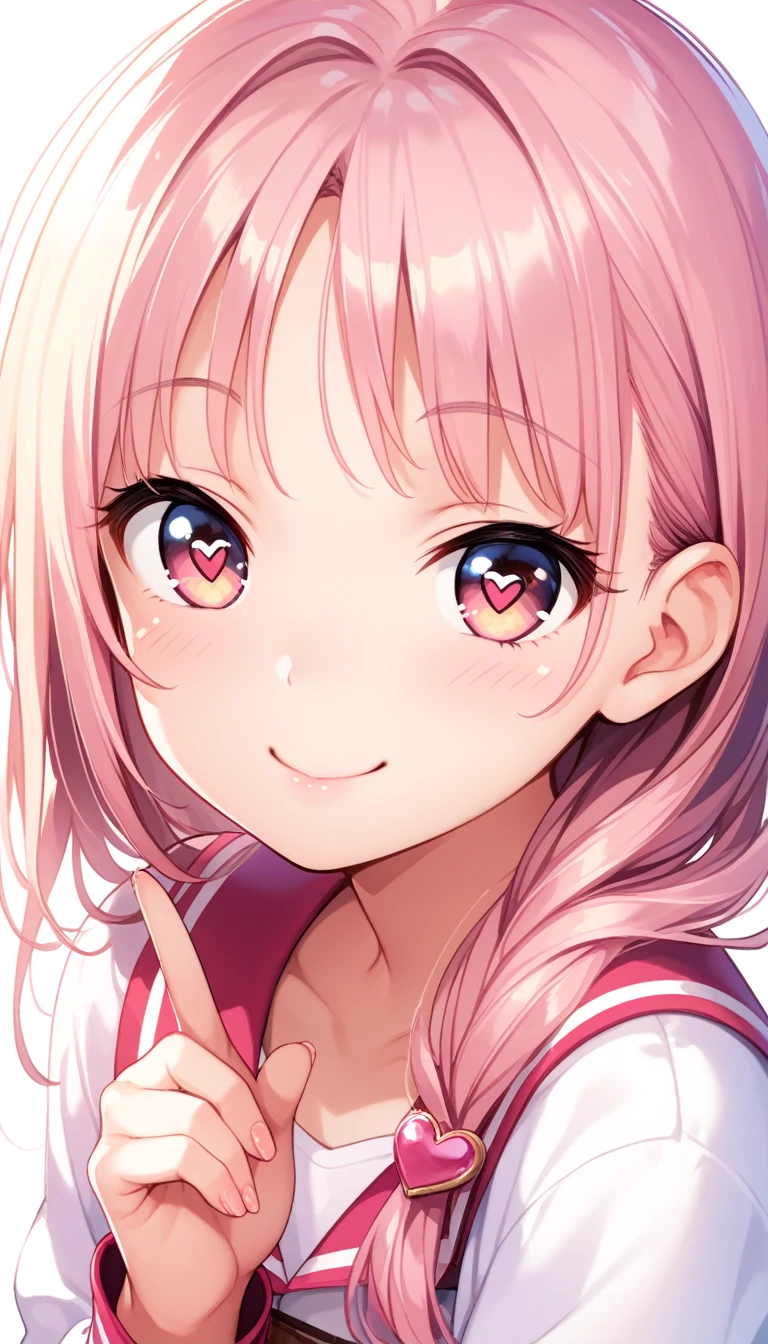 1girl, index finger on own head, Hold up index finger, point to head, young girl, mesugaki, mesugaki smile, Teasing, naughty looks, heart eyes, tidy, Focus on the girl, glossy skin, oily skin, Close-up of the face, Masterpiece:2, Top Quality, high Quality, Very Detailed, ultra High Resolution, super High Resolution, Beautiful Detail, Dynamic angles, perfect lighting, 8k, Animation Style, cartoon style, game cg, sfw,