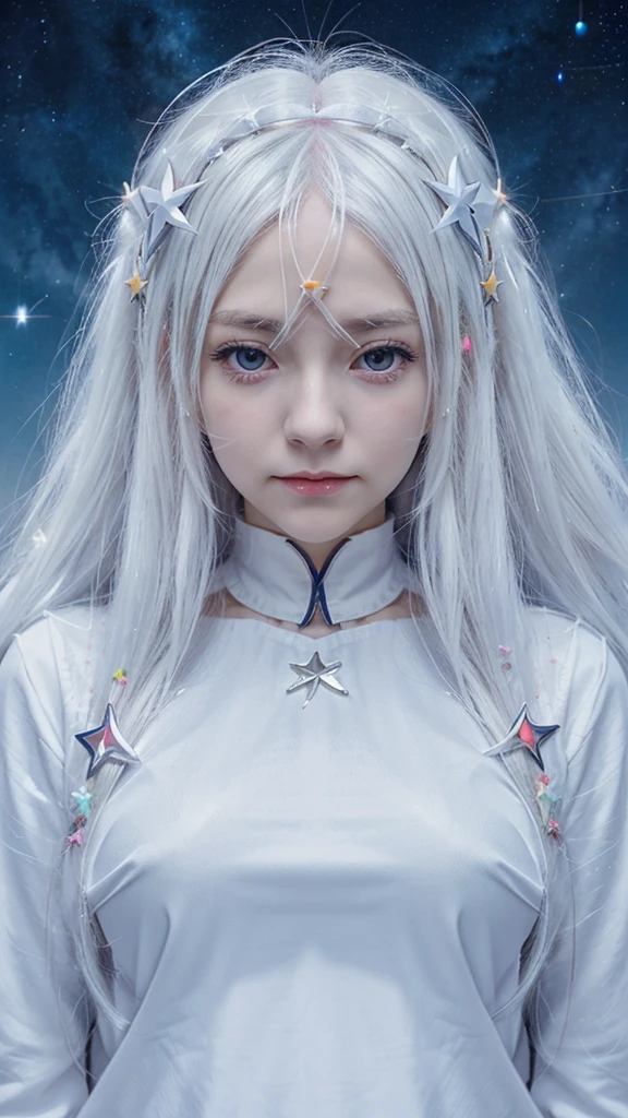 anime girl with long white hair and a star in her hair, White haired deity, anime girl with cosmic hair, star(sky) starry_sky, visual anime of a cute girl, anime splash , bright white aura, Girl with white hair, ethereal anime, akasuki voidstar, celestial aura, night, Moe anime art style