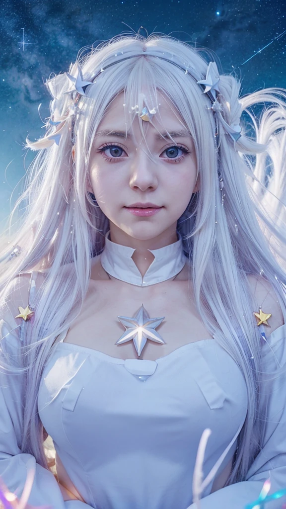 anime girl with long white hair and a star in her hair, White haired deity, anime girl with cosmic hair, star(sky) starry_sky, visual anime of a cute girl, anime splash , bright white aura, Girl with white hair, ethereal anime, akasuki voidstar, celestial aura, night, Moe anime art style