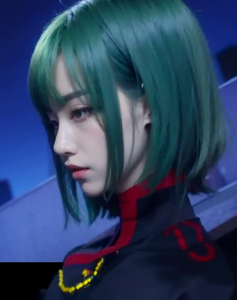 A korean woman with dark green hair, beauty, sad, black costume with red line pattern, gold accesories