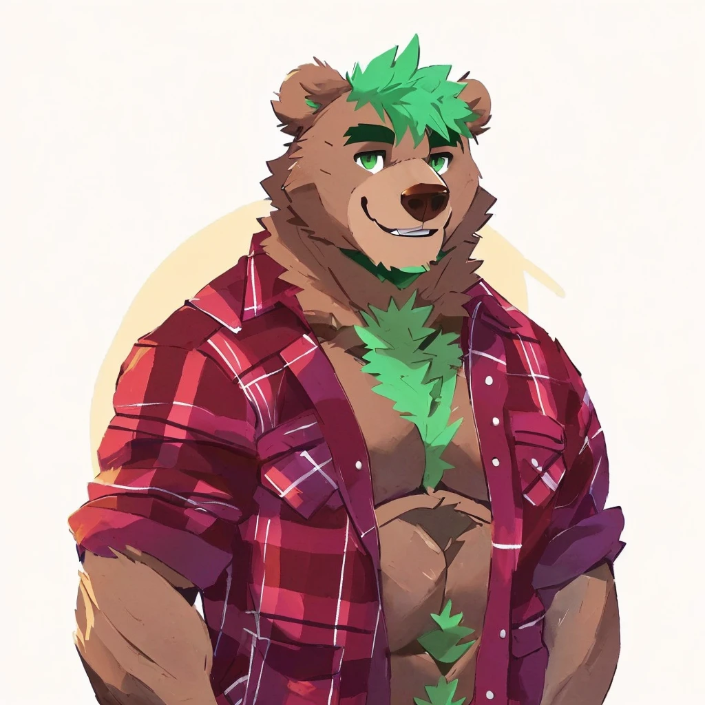 a sexy, caramel brown colored fur and hyper muscular, cute grizzly bear, green hair, green eyes, closed smile, bara body, daddy bear, himbo body, dressed a lumberjack jacket, high quality furry art.