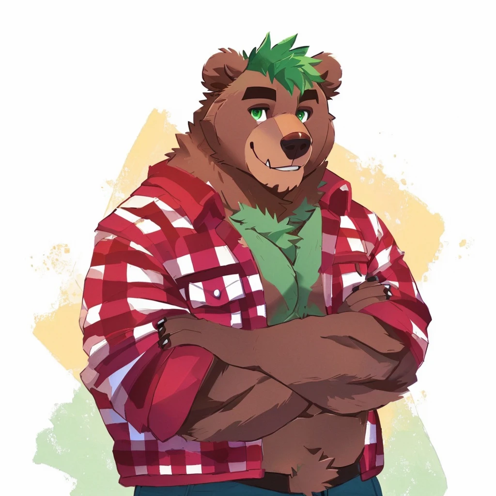 a sexy, caramel brown colored fur and hyper muscular, cute grizzly bear, green hair, green eyes, closed smile, bara body, daddy bear, himbo body, dressed a lumberjack jacket, high quality furry art.