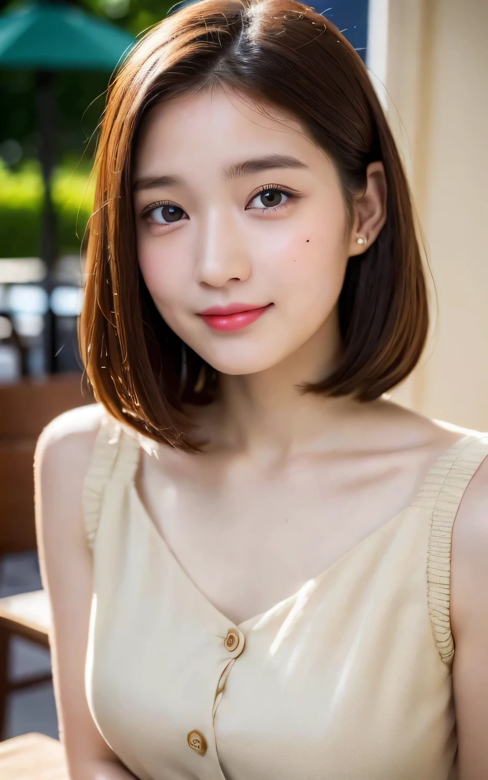 1 Female, 20-year-old、Huge boobs ((beautiful shiny straight semi-long:1.2)),beautiful fingers,beautiful long legs,Beautiful Body,Cute nose,beautiful bare skin、Perfect Eyes,Perfect and realistic face,Very detailed ,(masterpiece:1.0),(Highest_quality:1.0), 超High resolution,4K,Super detailed, photo shoot, 8k, Hmph, High resolution, The background is blurred, (beautiful_face:1.5)、(The background is a café restaurant at night:1.3),(White Brown Sheer Flared Long Skirt:1.3),(Huge boobs) A deep background Three-dimensional ((White Beige Nit Ultra Fine Yarn Camisole、Very fine buttons:1.4)) (beautiful large breast、Blue eyes、Pink hair、beautiful like a model in a cute yellow miniskirt、cute、A refreshing smile、University Campus、Outside on a sunny day、(笑face)