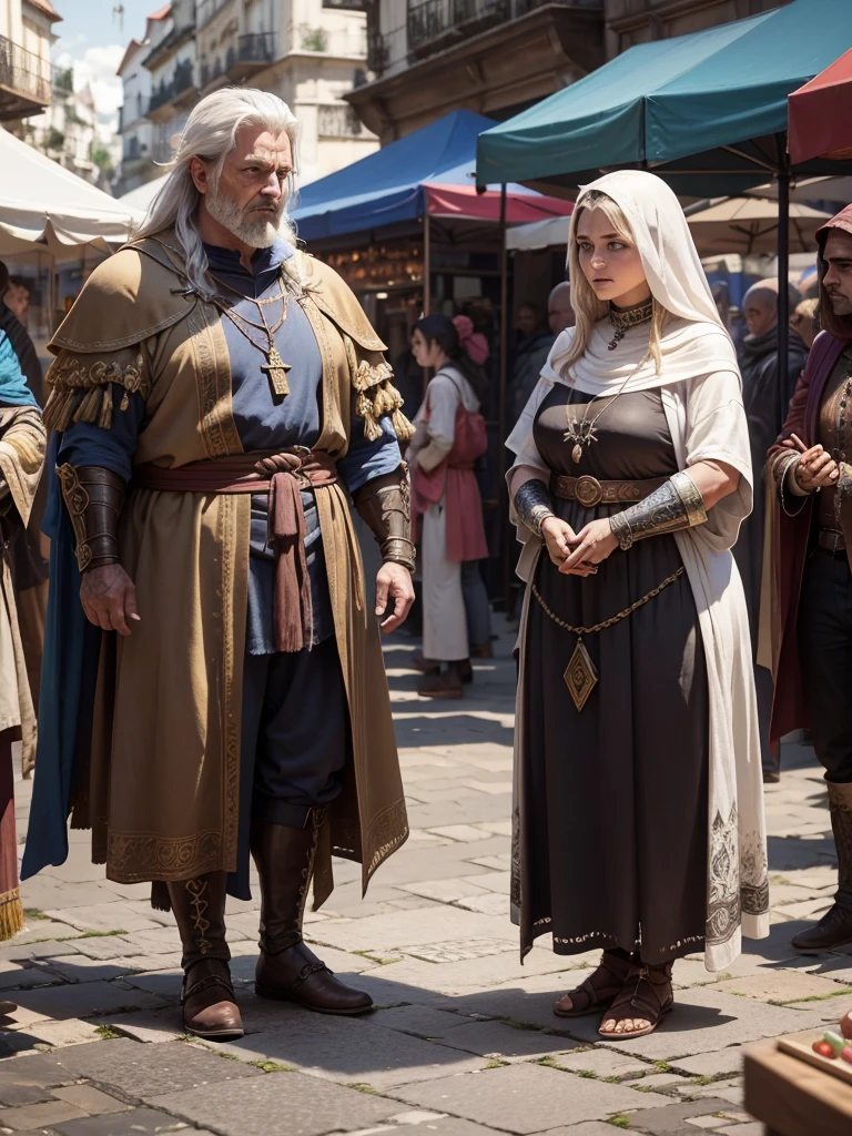 Selling magical stones with runes engraved on them at a street market in a medieval fantasy world, tents set up along the street, many people, algumas vestem armors, others wear simple clothes, some wear noble attire, some people are tall and strong, some people are fat. swords, armors, potions, jewelly, gem stones, objetos mágicos e potions estavam sendo vendidos no mercado.
