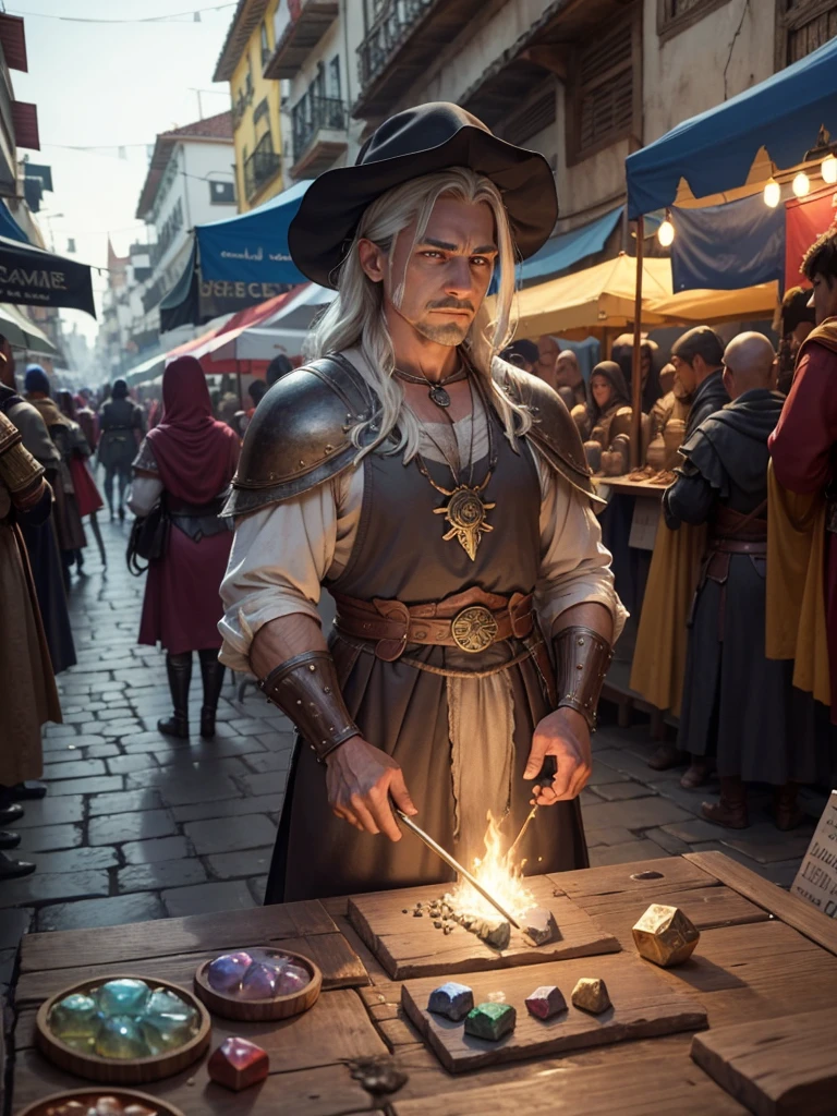 Selling magical stones with runes engraved on them at a street market in a medieval fantasy world, tents set up along the street, many people, algumas vestem armors, others wear simple clothes, some wear noble attire, some people are tall and strong, some people are fat. swords, armors, potions, jewelly, gem stones, objetos mágicos e potions estavam sendo vendidos no mercado.