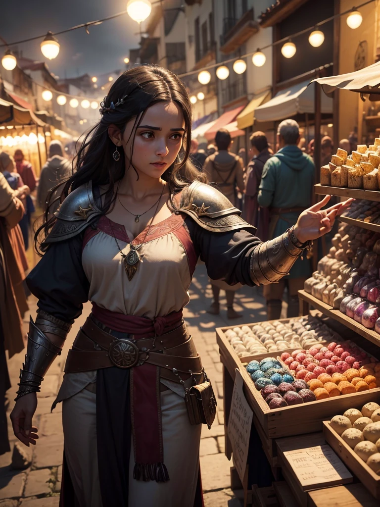 Selling magical stones with runes engraved on them at a street market in a medieval fantasy world, tents set up along the street, many people, algumas vestem armors, others wear simple clothes, some wear noble attire, some people are tall and strong, some people are fat. swords, armors, potions, jewelly, gem stones, objetos mágicos e potions estavam sendo vendidos no mercado.