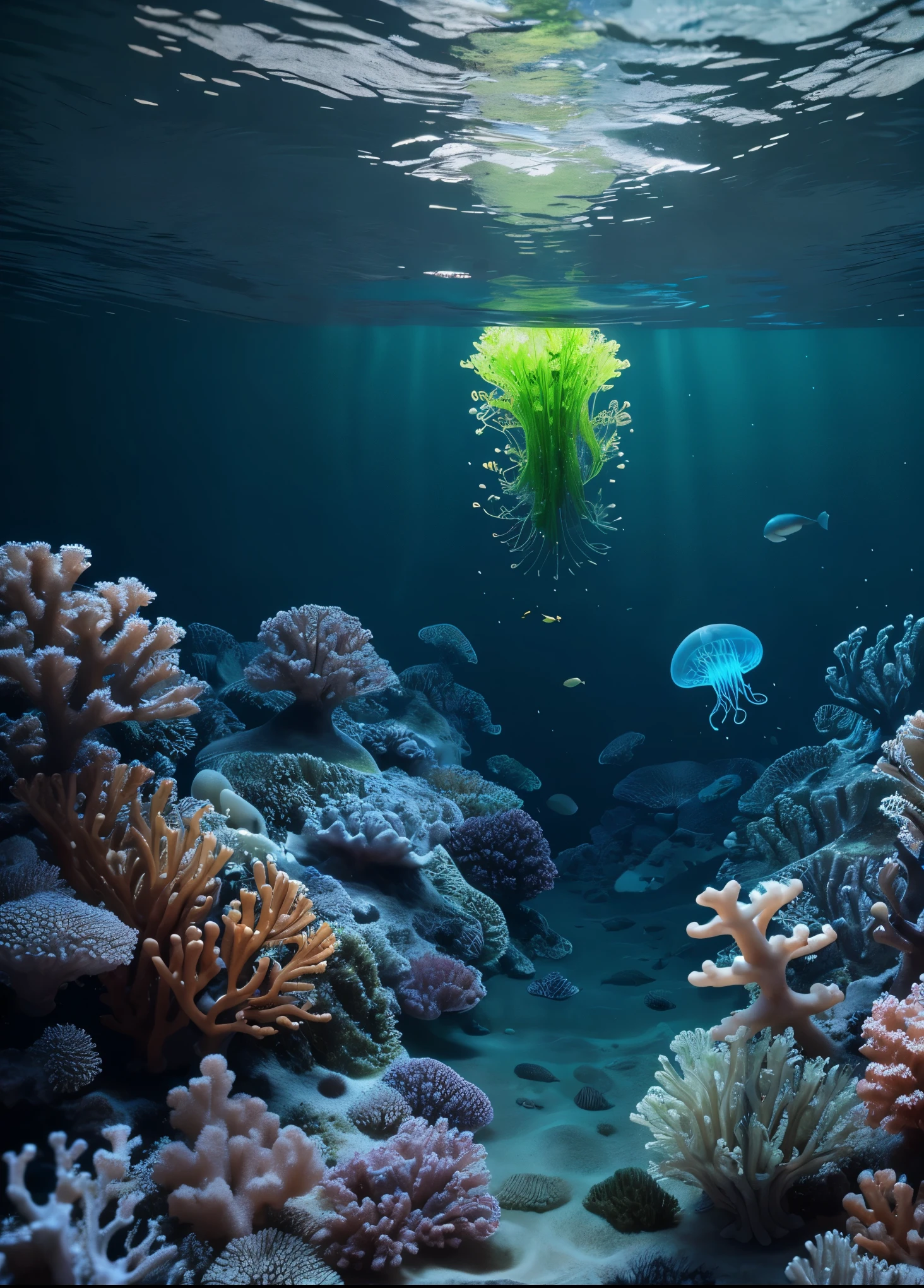 Masterpiece, best quality, (very detailed CG unity 8k wallpapers), (best quality), (best illustrations), (best shadows), marine theme with natural elements. Tall mangroves, rich marine plants, glowing jellyfish, surrounded by schools of fish, glowing particle effects,, (marine plants), (ocean theme), ((luminous algae)), (coral), ((glowing jellyfish )), ((Glow Creatures in Seawater)), ((Sea Fire)), (((Particle Effect))), Isometric 3D, Octane Rendering, Ray Tracing, Super Detailed --v6