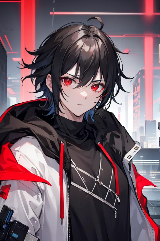 portrait, male, beauty, black hair, shaggy cut, red eyes, cyberpunk, white jumper, black hoodie, kindness